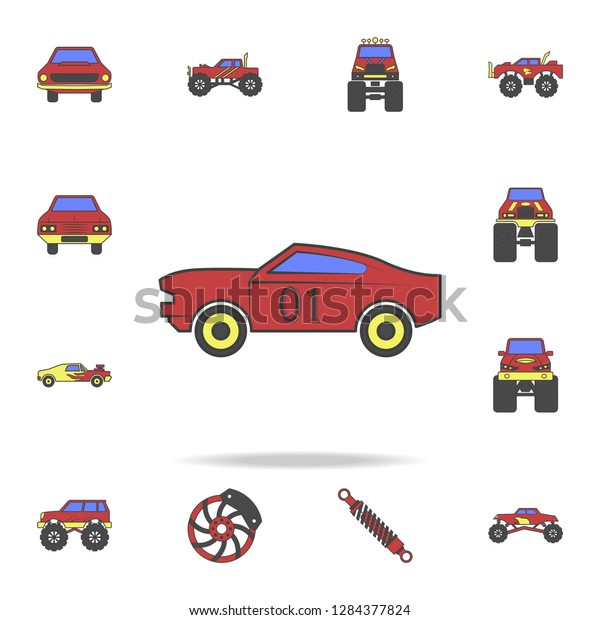 racing muscle car field\
coloricon. Detailed set of color big foot car icons. Premium\
graphic design. One of the collection icons for websites, web\
design, mobile app