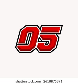 Ilustración vectorial del número 05 de carreras. Los números son predominantemente rojos con un contorno en blanco y negro, lo que sugiere velocidad y competencia