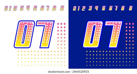 racing number 07 pink and yellow with halftone effect for sports, racing, racing and esports, workshops