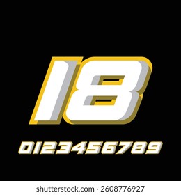 racing number 18 with racing effect, for racing, racing, sports in yellow and white on black background
