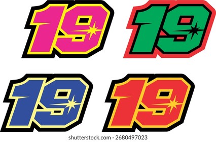 Racing number 19 in different colors on white background, racing, racing starting number, sports racing number, vector illustration eps.