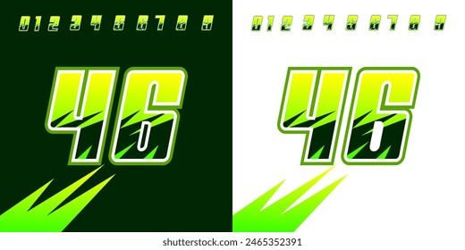 racing number 46 light green and dark green for sports, racing, racing and esports, workshops