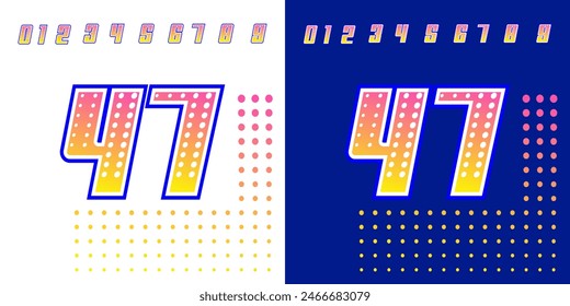 racing number 47 pink and yellow with halftone effect for sports, racing, racing and esports, workshops