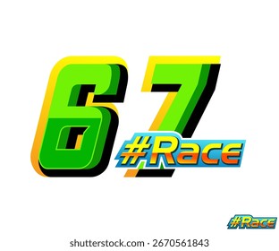vetor número de corrida 67, com cor verde sobre fundo branco, para automóveis e esportes