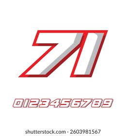 racing number 71 with racing effect, for racing, racing, sports in red and white on white background