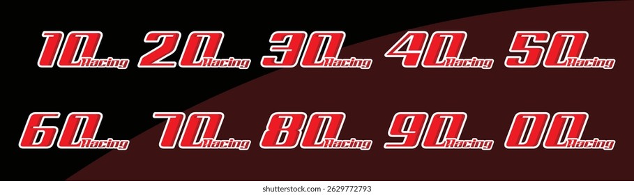 Número de carreras establecido 10 a 90 en rojo y blanco con fondo negro para carreras, carrera