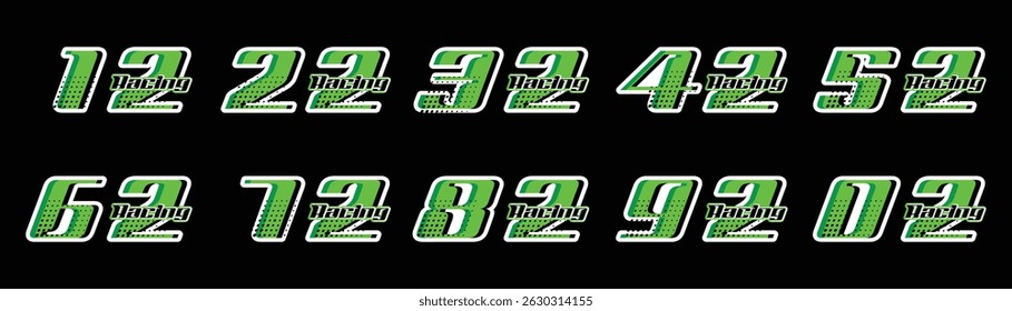 racing number set 2 to 92 in green with halftone effect on black background for racing, racing jersey