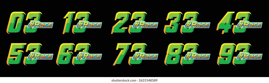 Número de carreras establecido 3 a 93 en verde y carrera de texto con fondo negro para carreras, Jersey de carreras