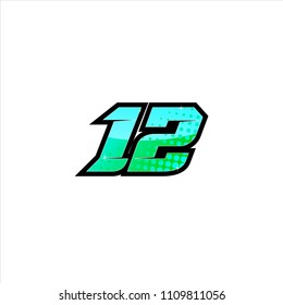 Racing number, start racing number, sport race number 12 with halftone dots style vector illustration eps 10