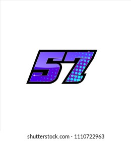 Racing number, start racing number, sport race number 57 with halftone dots style vector illustration eps 10