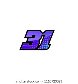 Racing number, start racing number, sport race number 31 with halftone dots style vector illustration eps 10