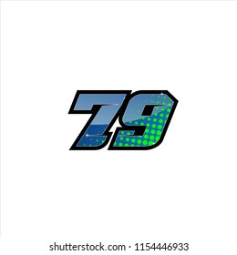 Racing number, start racing number, sport race number 79 with halftone dots style vector illustration eps 10