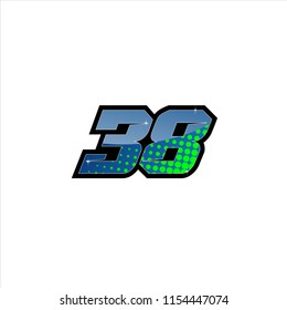 Racing number, start racing number, sport race number 38 with halftone dots style vector illustration eps 10