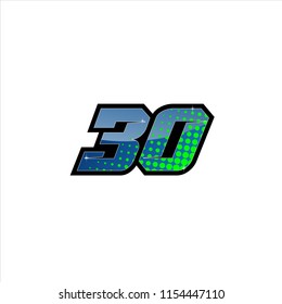 Racing number, start racing number, sport race number 30 with halftone dots style vector illustration eps 10