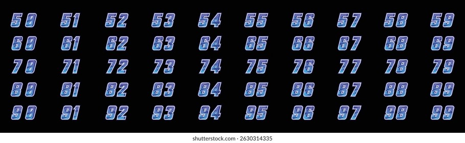 racing numbers set 50 to 90 in purple on a black background