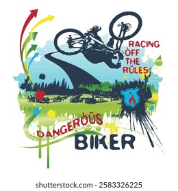 Racing off the rules, Mountain bike racing silhouette illustration suitable for shirt design, Mountain bike abstract background, Dangerous Biker, Mountain bike trail road illustration, apparel, print