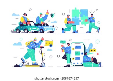 Racing on cars, complete puzzle, ride scooter, texting in messenger set vector illustration. Gaming, leisure, fun, communication linear style