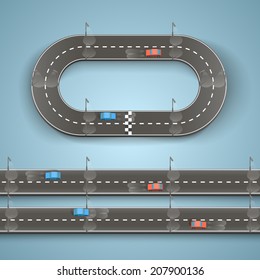 Racing on the road, Circular track road set, Vector illustration