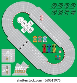 Racing on the road. Game set. Applique with realistic shadows. Vector illustration.