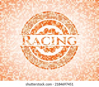 Racing orange tile background illustration. Square geometric mosaic seamless pattern with emblem inside. 