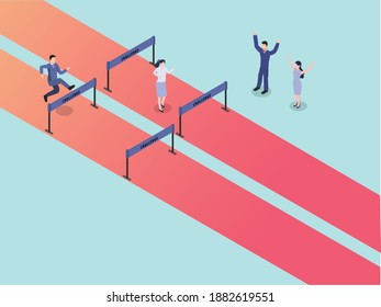 Racing Overcome Business obstacles to win competition  isometric 3d vector concept for banner, website, illustration, landing page, flyer, etc.