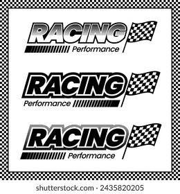 Racing performance logo combination set, checkered flag, Auto badge. Sports and competition concepts.