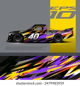 Racing pickup truck wrap design vector. Graphic abstract stripe racing grunge background kit designs for wrap vehicle, race car, rally, adventure and livery