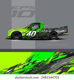 Racing pickup truck wrap design vector. Graphic abstract stripe racing grunge background kit designs for wrap vehicle, race car, rally, adventure and livery