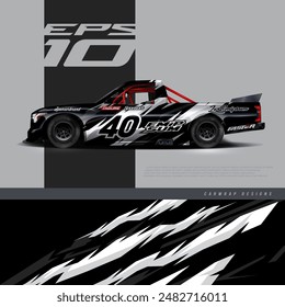 Racing pickup truck wrap design vector. Graphic abstract stripe racing grunge background kit designs for wrap vehicle, race car, rally, adventure and livery