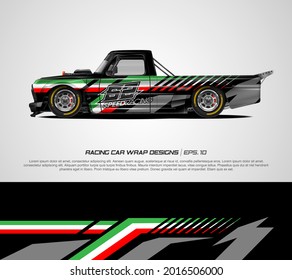 Racing pickup truck wrap italian flag design for race car, rally, adventure vehicle and sport livery. Graphic abstract stripe racing background kit designs. eps 10
