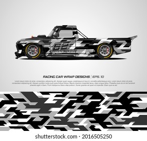 Racing pickup truck wrap modern camouflage design for race car, rally, adventure vehicle and sport livery. Graphic abstract stripe racing background kit designs. eps 10