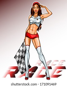 Racing Pin Up Girl With Flag