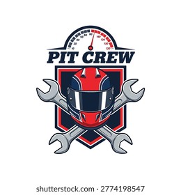 A racing pit crew logo featuring a helmet, crossed wrenches, and a speedometer, symbolizing speed, mechanics, and teamwork in motorsports.