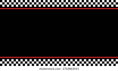 Racing poster background with checkered flag borders, black canvas layout with red stripe lines, motorsport themed banner frame for race events, sports promotions, automotive advertising design. Vector illustration