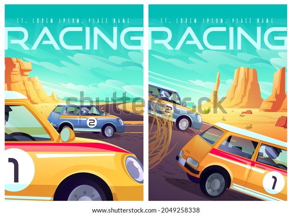 Racing\
posters with sport cars on road in desert with cactuses, rocks and\
tumbleweed. Vector flyers of rally with cartoon illustration of hot\
desert landscape and speedway with race\
vehicles