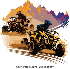 Racing quad bike. Grunge background. Vector illustration.