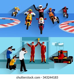 Racing And Rally Horizontal Banners Set With Track Photographers And Victory Symbols Flat Isolated Vector Illustration 