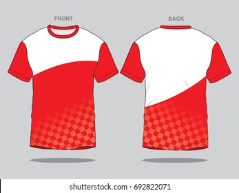 Racing Red-White Short Sleeve T-Shirt with Gradient Checkered Graphic Line Design on Gray Background. Front and Back Views, Vector File.