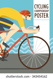 Racing road cyclist in action on sea background. Colorful poster for competition and championship or other cycling event. Editable vector illustration