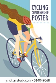 Racing road cyclist woman in action on landscape background. Colorful poster for competition and championship or other cycling event. Editable vector illustration