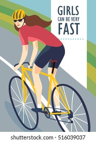 Racing road cyclist woman in action on landscape background. Colorful poster for competition and championship or other cycling event. Editable vector illustration