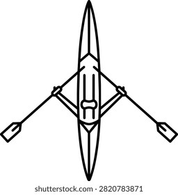 Racing Rowing Shell Top View Vector Illustration, Minimalist Line Art Icon of Sculling Boat with Oars for Competitive Sports