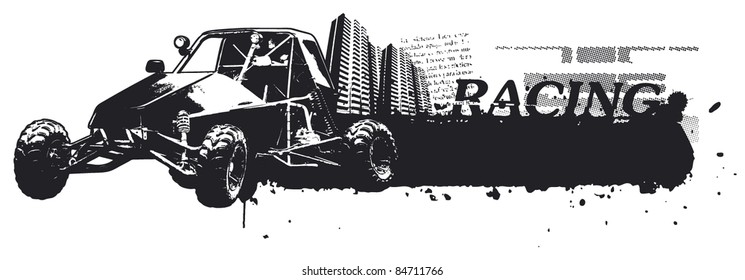 racing sand car with city and grunge banner