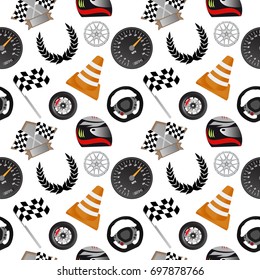 Racing seamless pattern on white background. Vector illustration with helmet, trophy, flag, wheel, rim, cone, speedometer, steering wheel and laurel wreath.