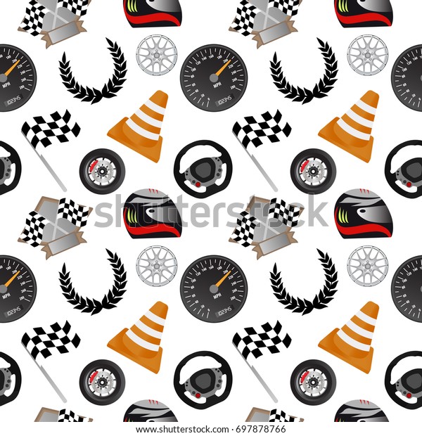 Racing seamless pattern on white\
background. Vector illustration with helmet, trophy, flag, wheel,\
rim, cone, speedometer, steering wheel and laurel\
wreath.