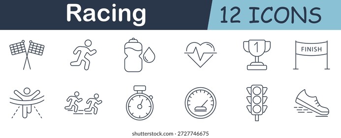 Racing set icon. Runners, stopwatch, finish line, trophy, water bottle, heart rate, speedometer, sneakers, and flags outlined in athletic competition design.