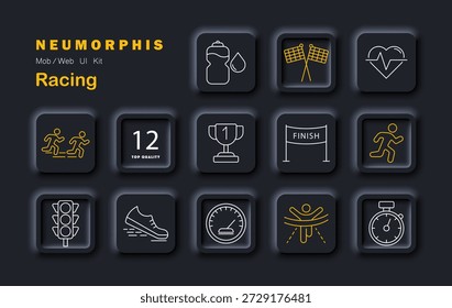 Symbol des Rennsets. Shows Läufer, Trophäe, Stoppuhr, Finish Banner, Schuh, Wasserflasche, karierte Fahnen, Herzschlag, Tracklight, Tachometer, Nummernschild