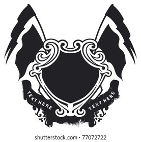 racing shield with banner and flags
