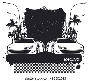 racing shield with grunge banner and super cars