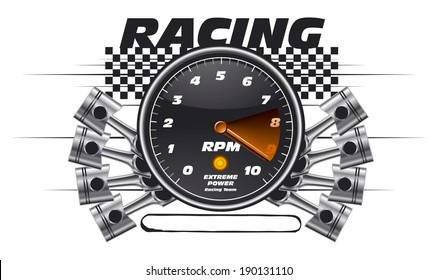 racing shield with tachometer and pistons